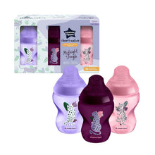 Carregar imagem no visualizador da galeria, Tommee Tippee Closer to Nature - Biberão 260ml, pack de 3 unidades (Coleção Jungle Purple)