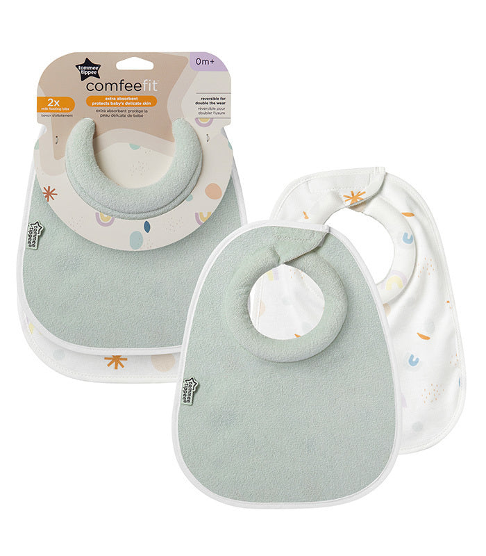 Tommee Tippee Comfeefit - Babetes para amamentação reversíveis, pack de 2 (Arcoíris/Verde)
